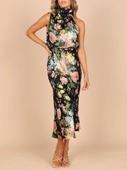 Maxikleid mit Neckholder, floralem Muster und elastischer Taille