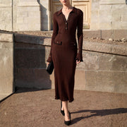 Irina | Damen Geripptes Knopfleiste Vorne Strick Midi Kleid