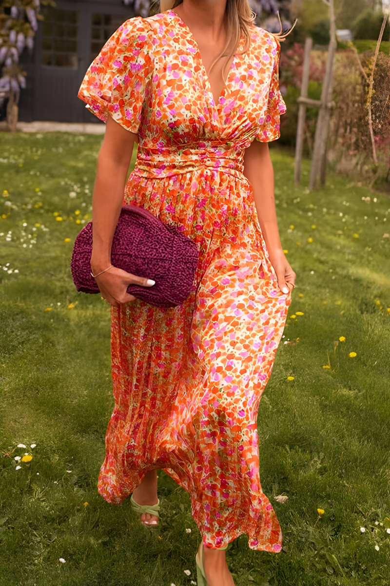 Verspieltes Damenkleid mit Blumenprint – Maxi-Länge & Kurzarm