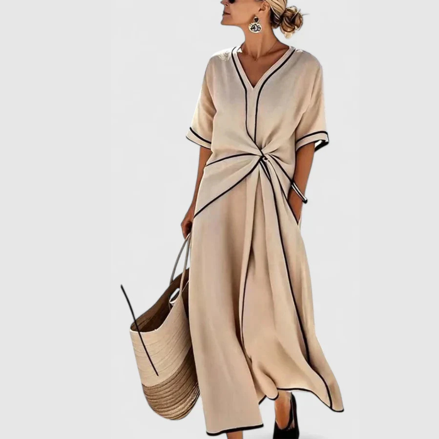 Veronika | Damen V-Ausschnitt Bindegürtel Midi Kleid
