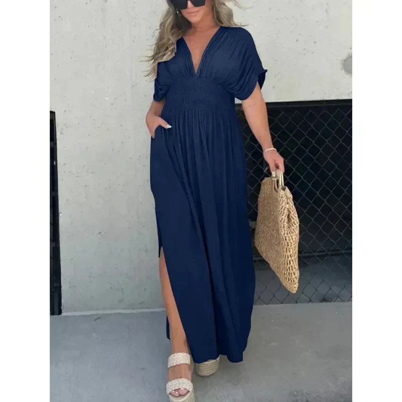 Damen Maxikleid – Leichter Stoff – V-Ausschnitt – Lässiger Sommerstil