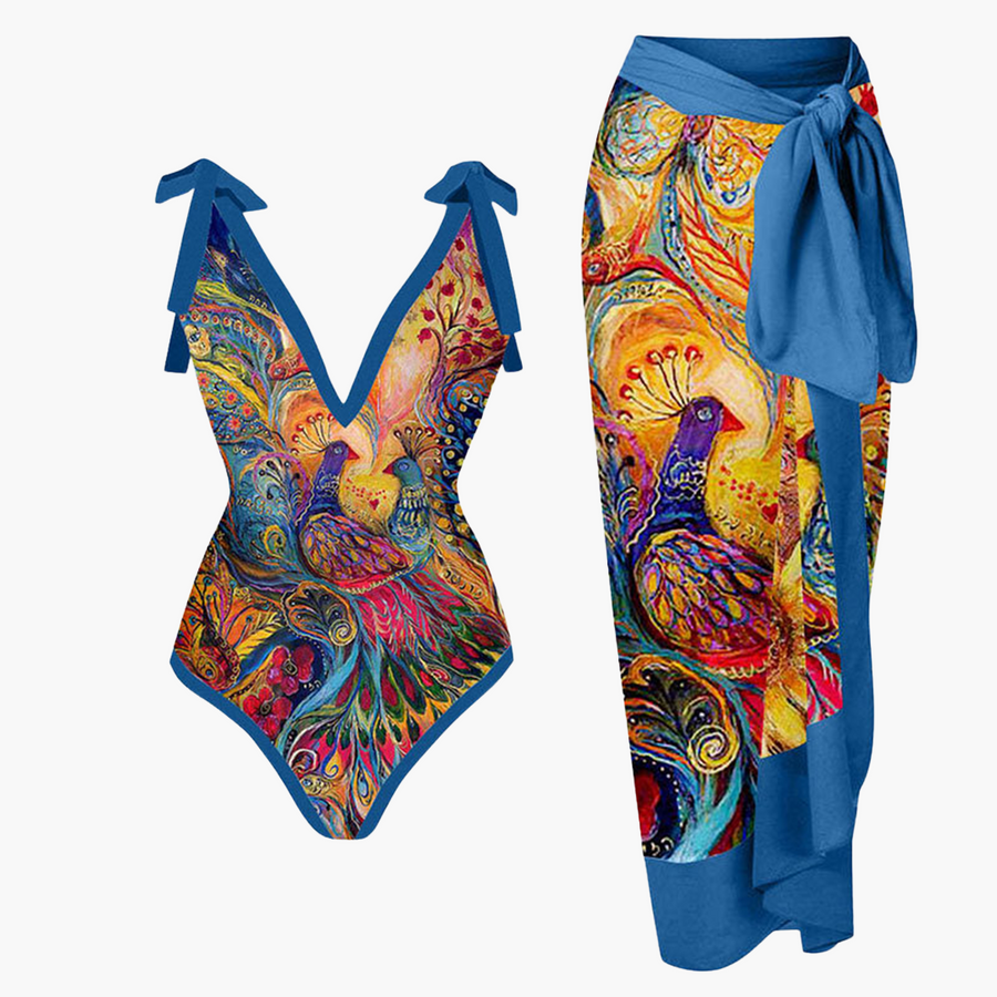 Badeanzug-Set für Damen - mit Blumenmuster und Pareo-Überwurf