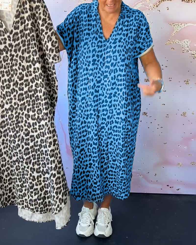 Heidi-Mode | Entspanntes Kleid mit V-Ausschnitt und Leopardenmuster für Damen