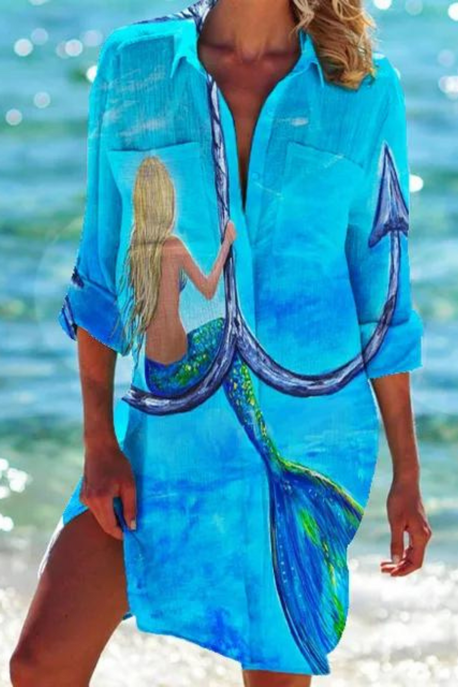 Heidi - Lange Strandbluse mit Meeresmotiv