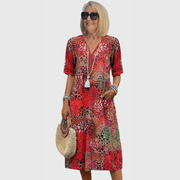 Maja | Damen Bedrucktes V-Ausschnitt Midi Kleid