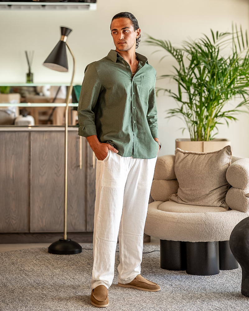 Christopher | Lange Ärmel Hemd & Hose Zweiteiliges Leinen-Set Herren-Sommer-Outfit