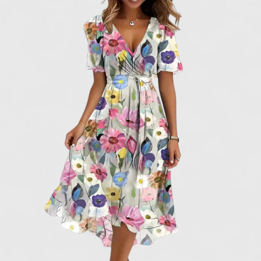 Helga | Damen Blumen V-Ausschnitt Midi Kleid