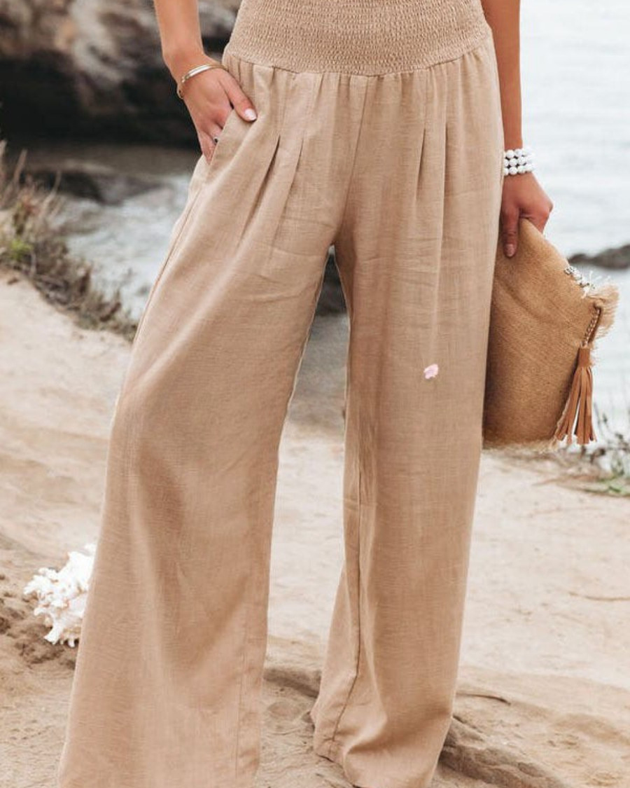 Damenhose aus Leinenmischung mit Smokarbeit und Taschen