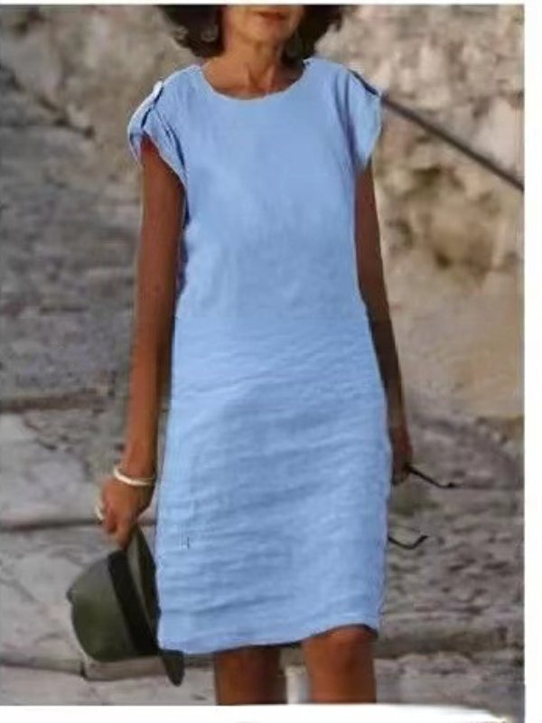 Heidi-Mode | Midikleid für Frauen In Farbenfrohem Baumwoll-Leinen Ohne Ärmel mit Rundem Ausschnitt