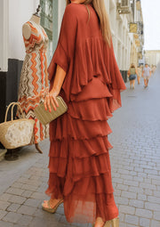 Amara Asymmetrisches Maxi-Kleid mit Lagen und Volants | Bordeauxrot