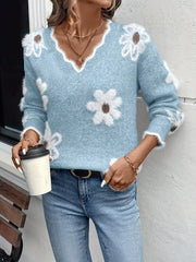 Melanira – Stilvoller Pullover Mit V-Ausschnitt Und Blumen Muster