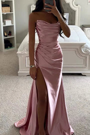 Heidi-Mode | Glänzendes Satin Off-Shoulder Falten Spalte Abend Maxi Kleid