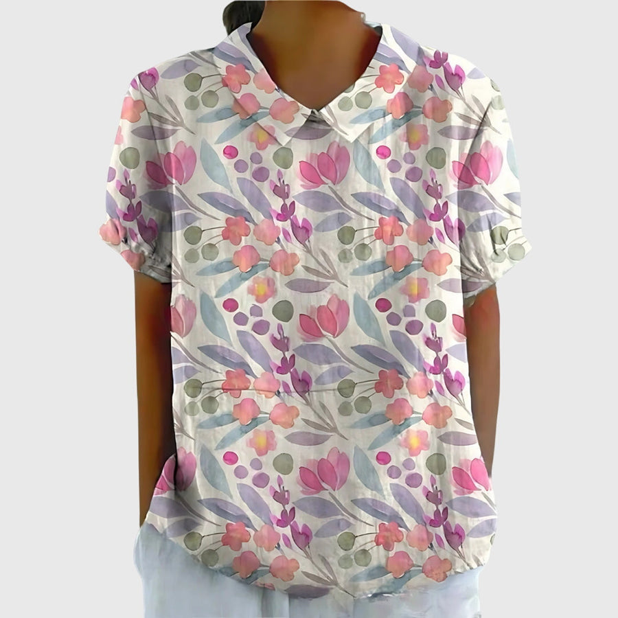 Elke | Damen Blumen Kragen Kurzarm Bluse