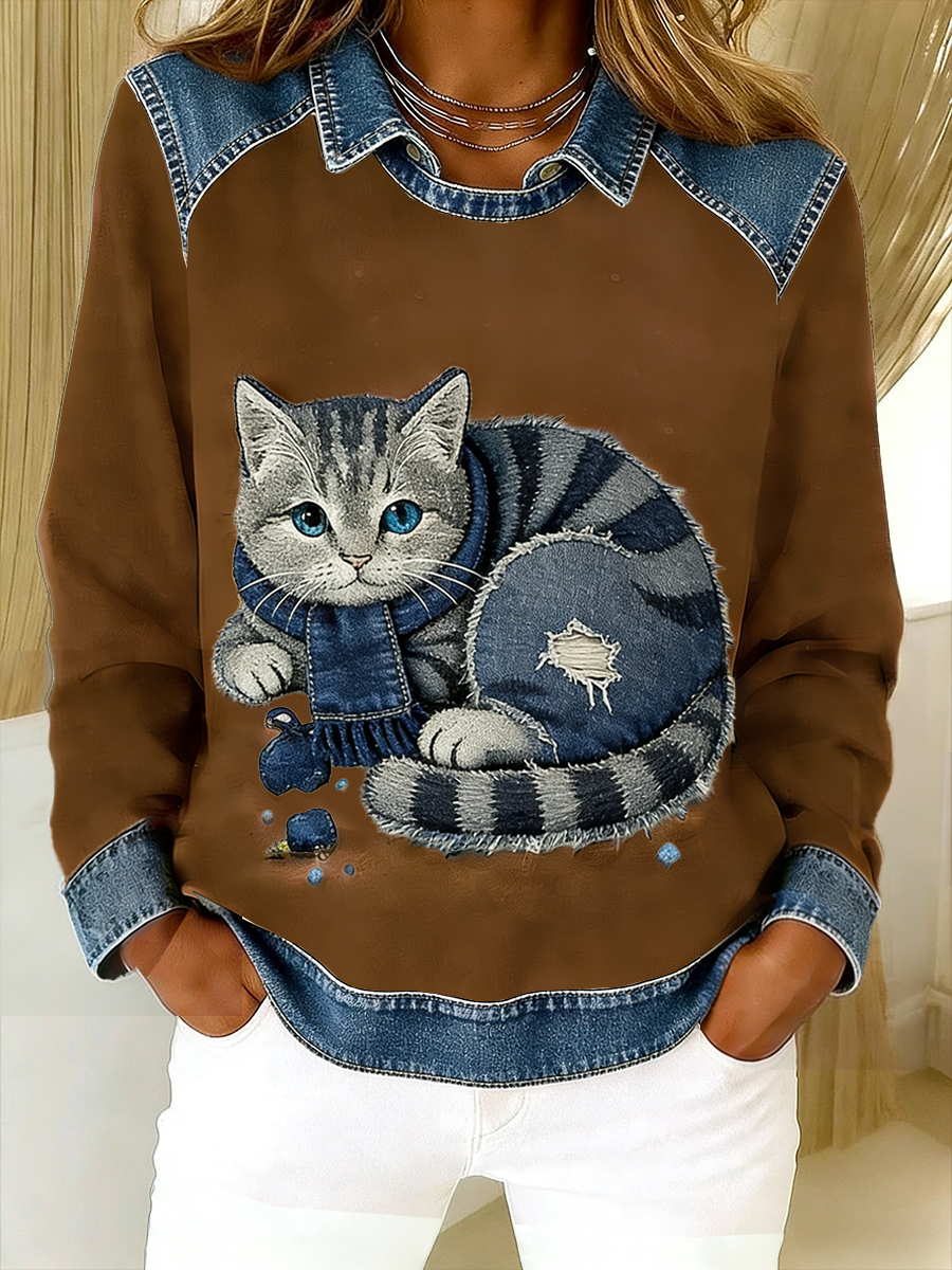 Eponin – Retro Katzen Jeansstoff Flickwerk Sweatshirt