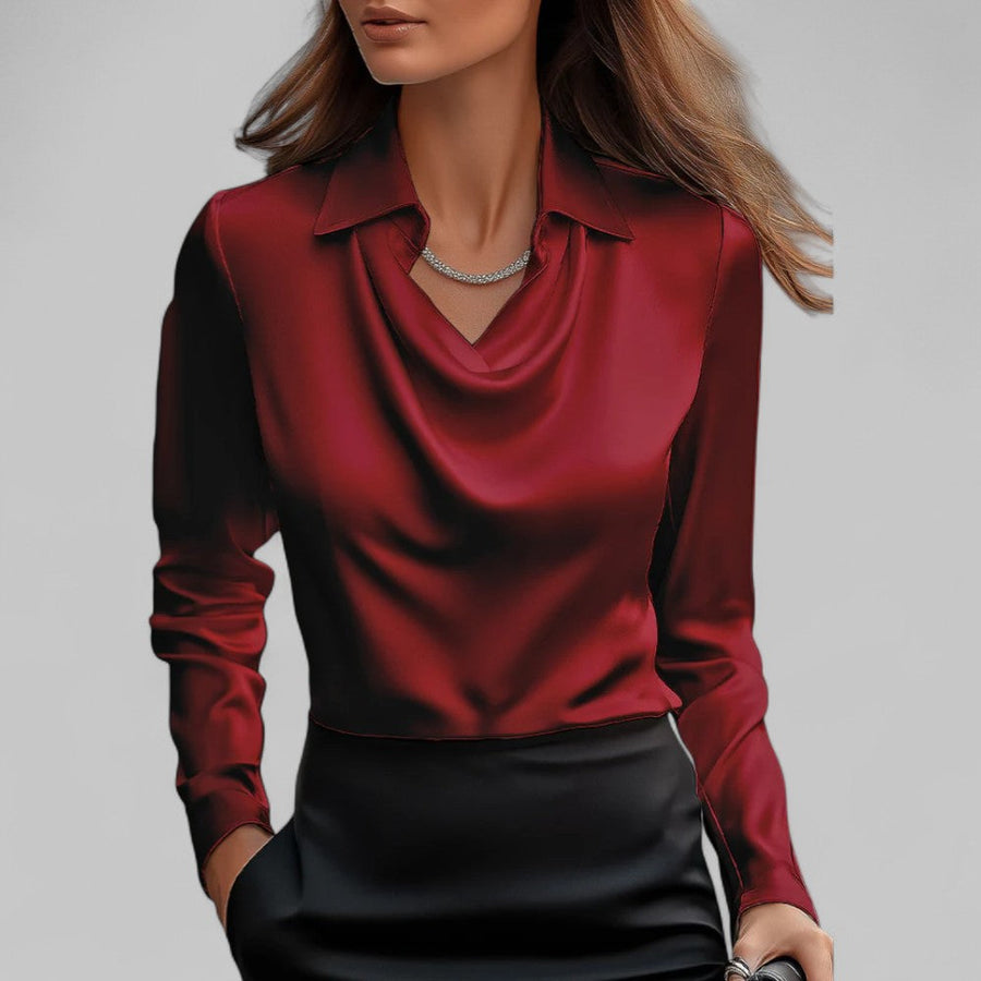 Daniela | Dames Satijnen Blouse met Watervalhals en Lange Mouwen