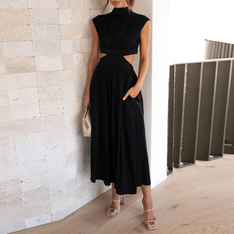 Elegantes schwarzes Midikleid mit Cut-Outs – Stehkragen & Plissee für stilvolle Auftritte