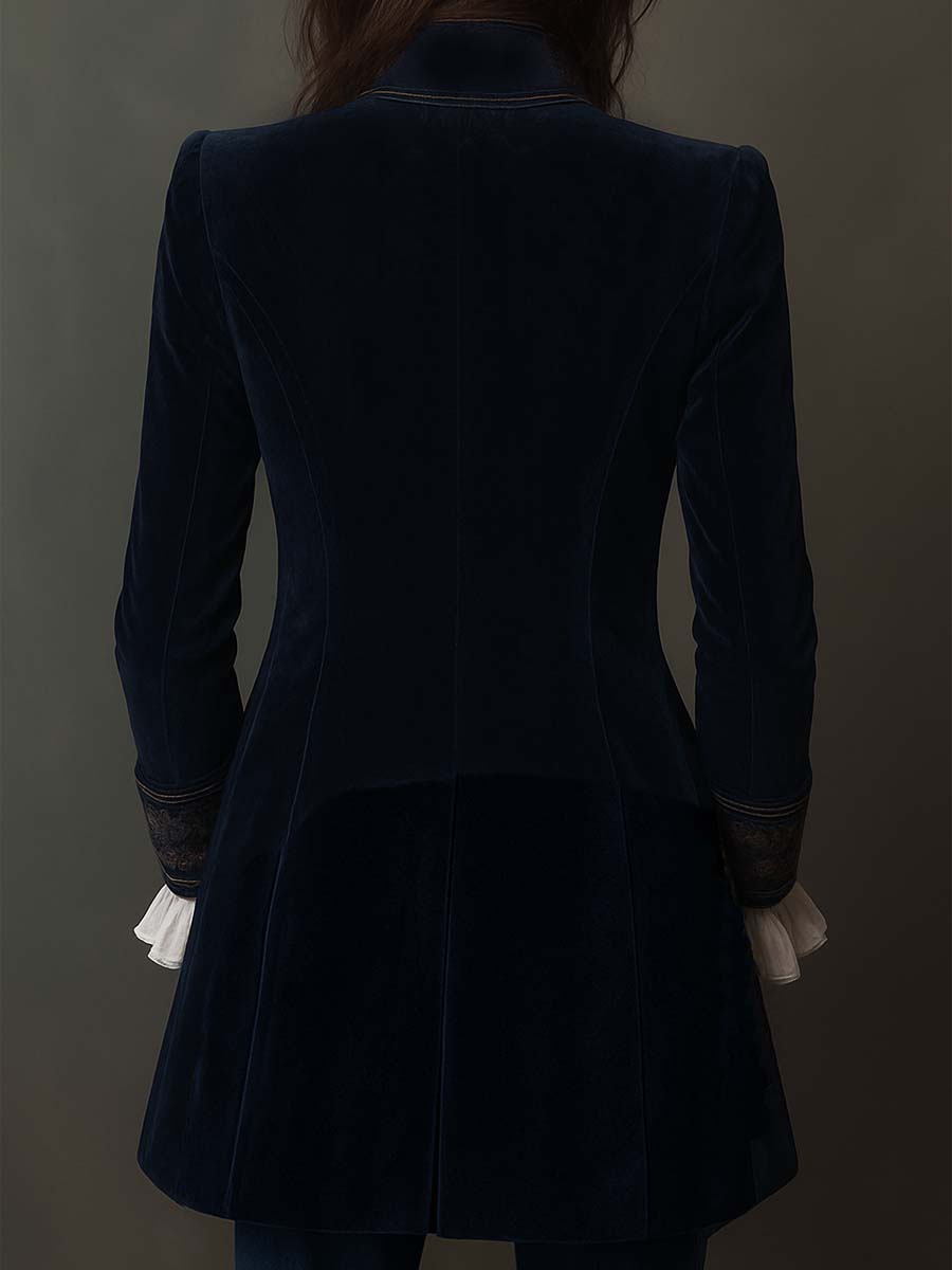 FEDERICA | LANGE VINTAGE-JACKE AUS MARINEBLAUEM SAMT MIT STICKEREIEN