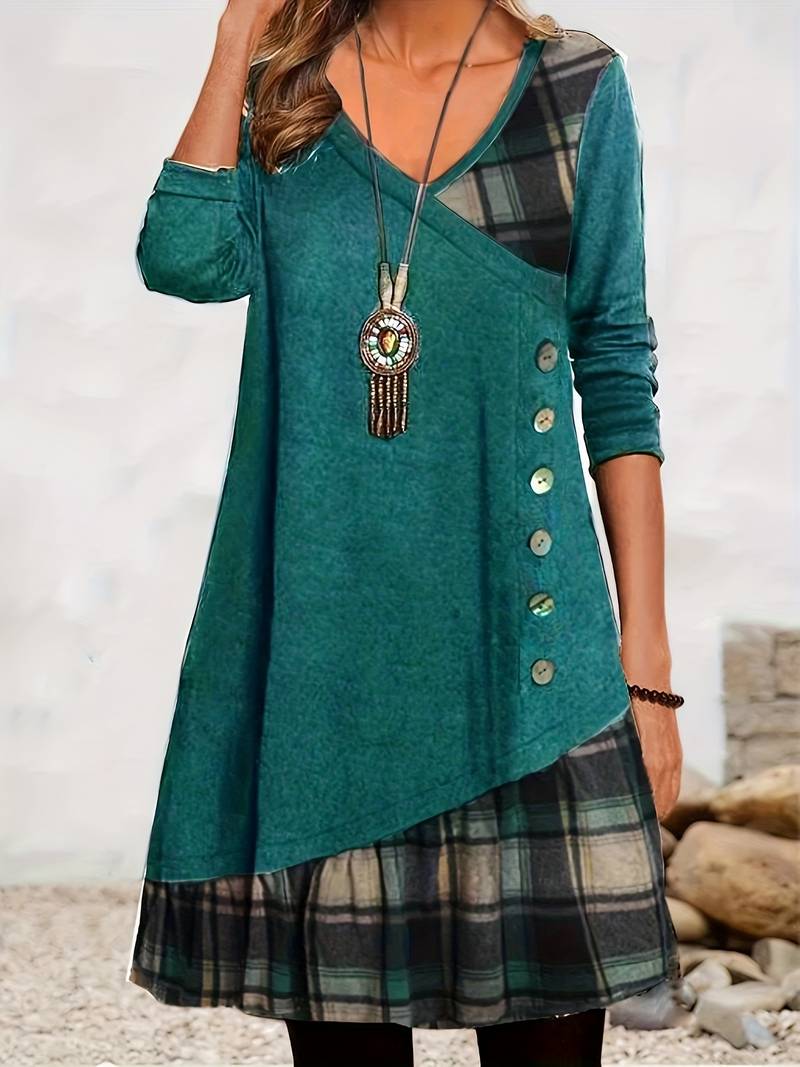 Alinor - Lässiges Kariertes Patchwork Kleid Mit Langen Ärmeln