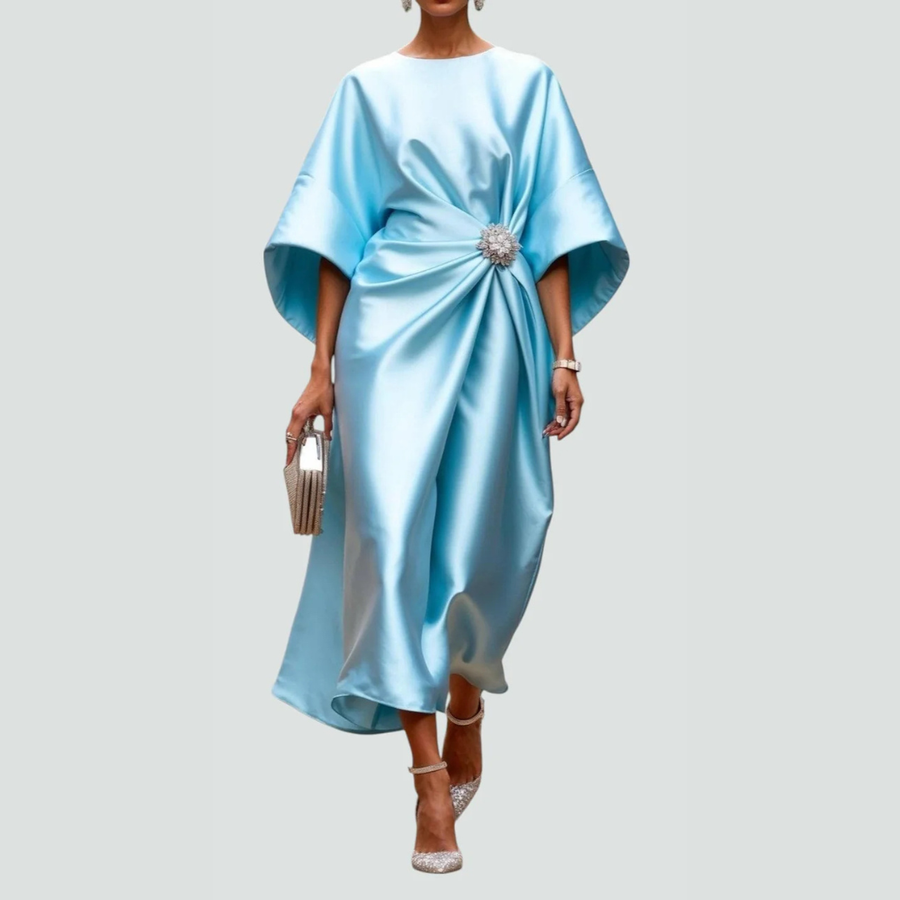 Michaela | Damen Drapiertes Fledermausärmel Midi Kleid
