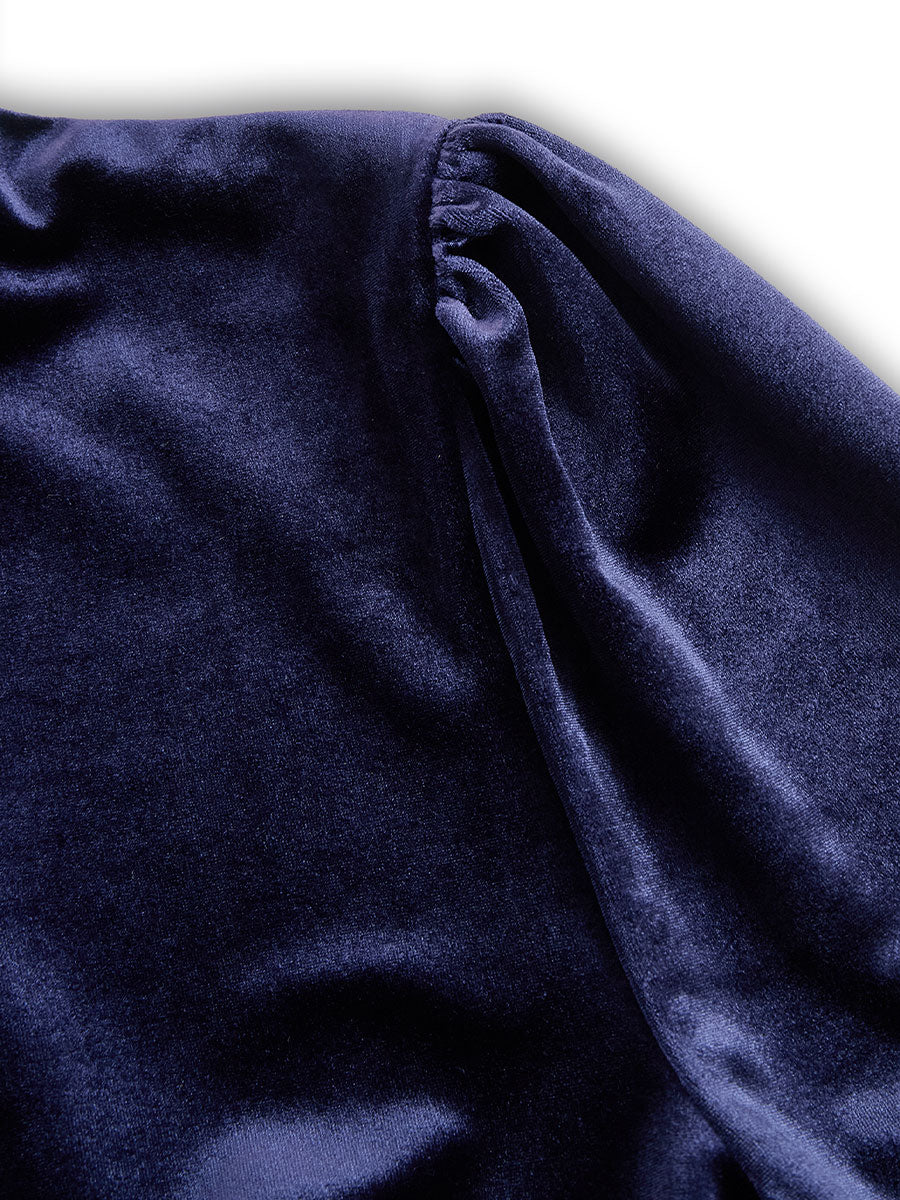 Damen-Midi-Kleid aus marineblauem Samt mit langen Ärmeln