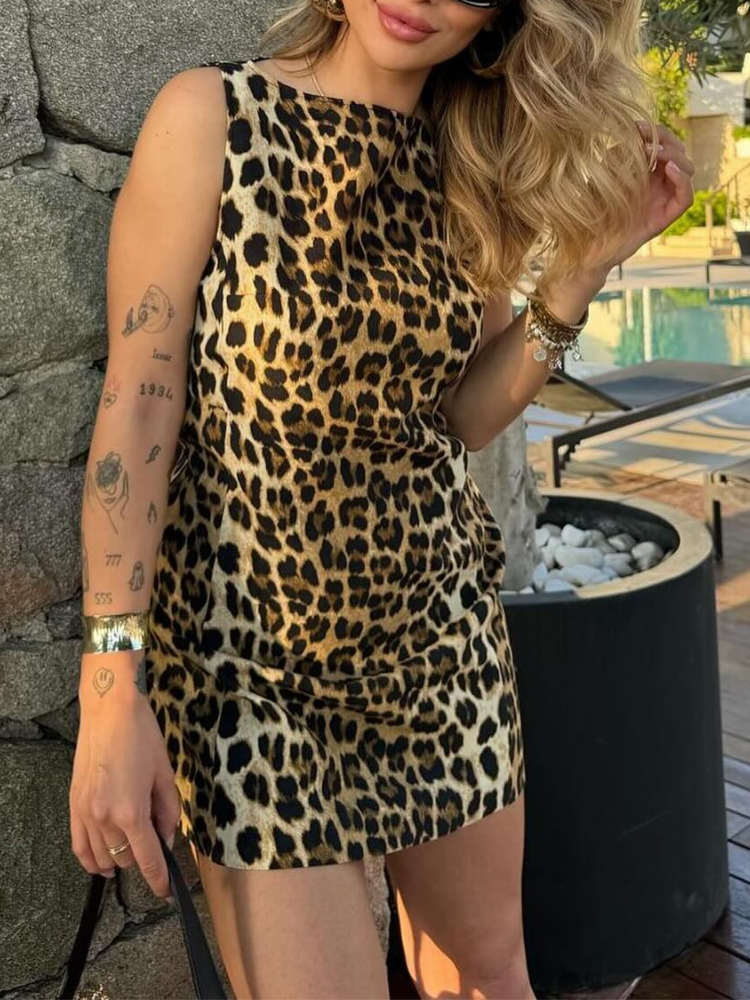 Leopardenprint Mini-Kleid – Ärmellos, Stretch, Hoher Kragen