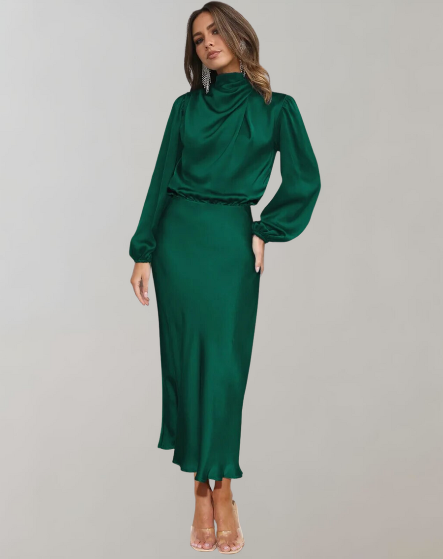 Anna | Damen Elegantes Satin Langarmkleid