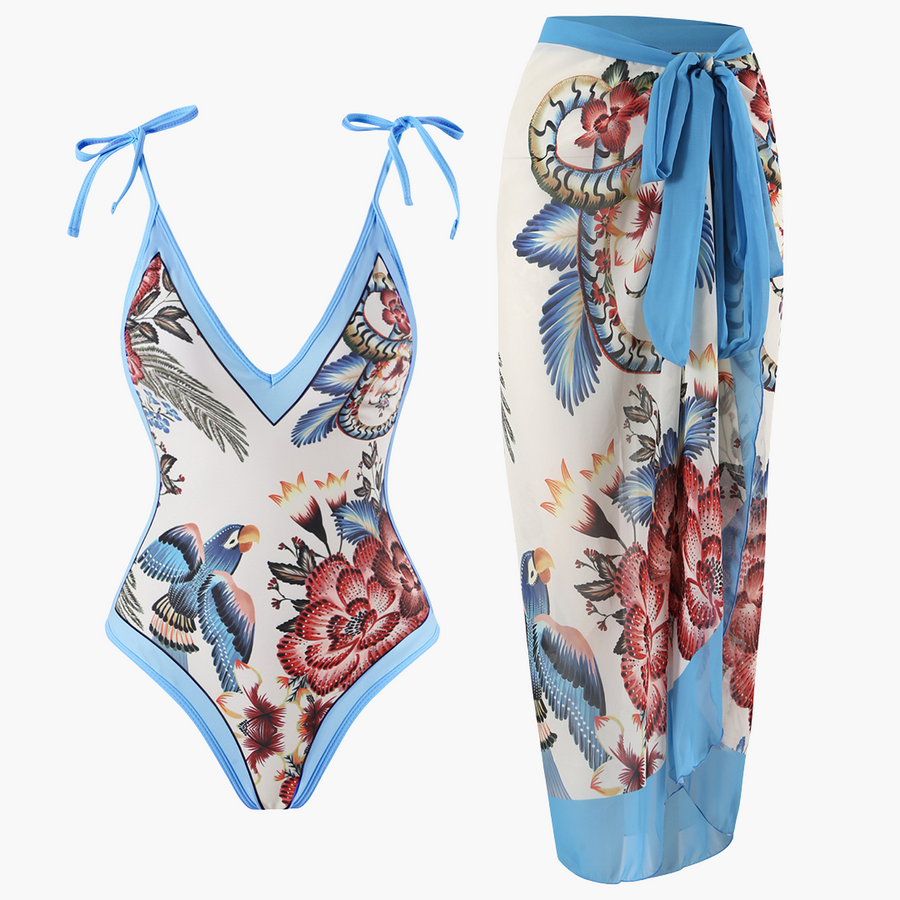 Badeanzug-Set für Damen - mit Blumenmuster und Pareo-Überwurf