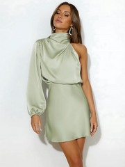 Damen One-Shoulder Satin Kleid – Eleganter Schnitt mit Schlitz – Für Partys