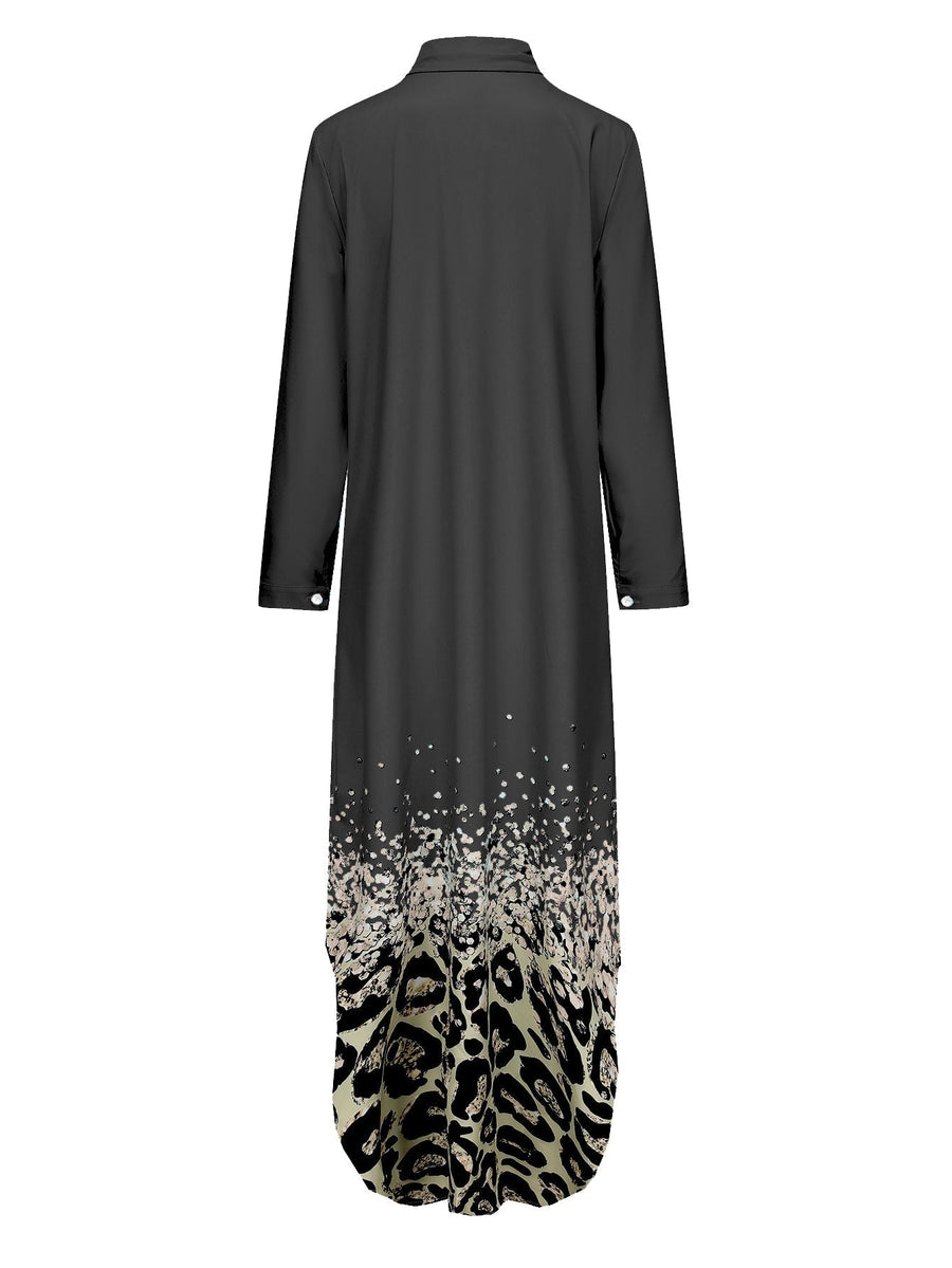 Warmes | Damen Langarm Hemdkragen Kleid mit Muster in Schwarz für dich