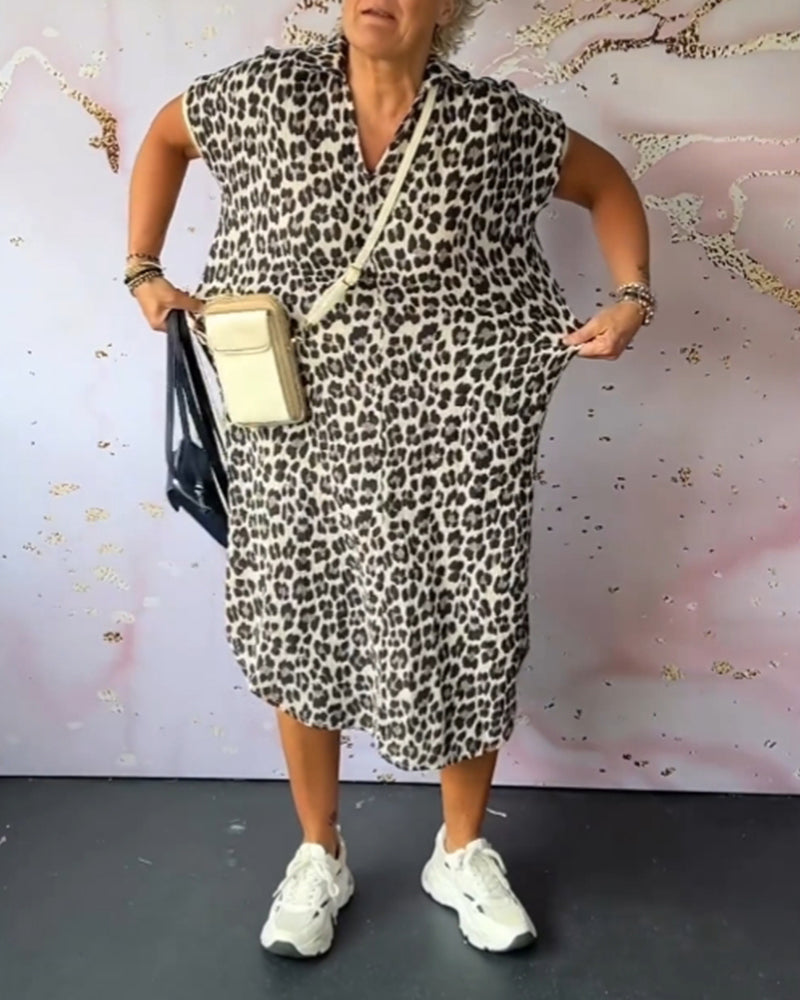 Heidi-Mode | Entspanntes Kleid mit V-Ausschnitt und Leopardenmuster für Damen