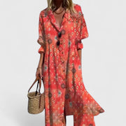 Edith | Damen Blumen Knopfleiste Vorne Midi Kleid