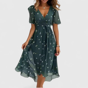 Helga | Damen Blumen V-Ausschnitt Midi Kleid
