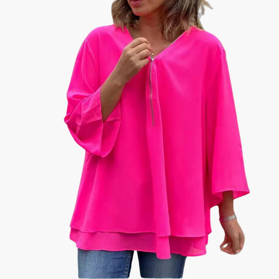 Halb-Zip Langarmshirt - Damen V-Ausschnitt Oberteil Casual