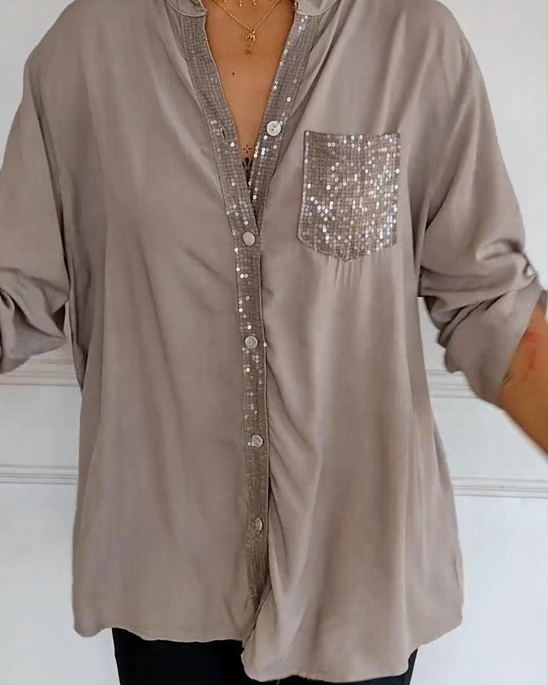 Amelia - Schicke Bluse mit Knopfleiste und Paillettenbesatz für Damen | Elegante Langarmbluse mit Paillettentasche