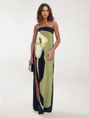 Langarmes langes Kleid mit abstrannt floristischem Druck