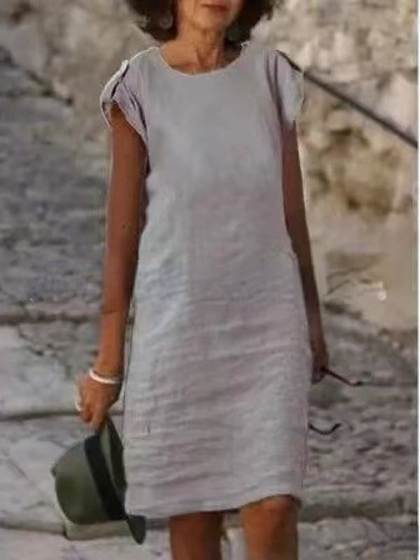 Heidi-Mode | Midikleid für Frauen In Farbenfrohem Baumwoll-Leinen Ohne Ärmel mit Rundem Ausschnitt
