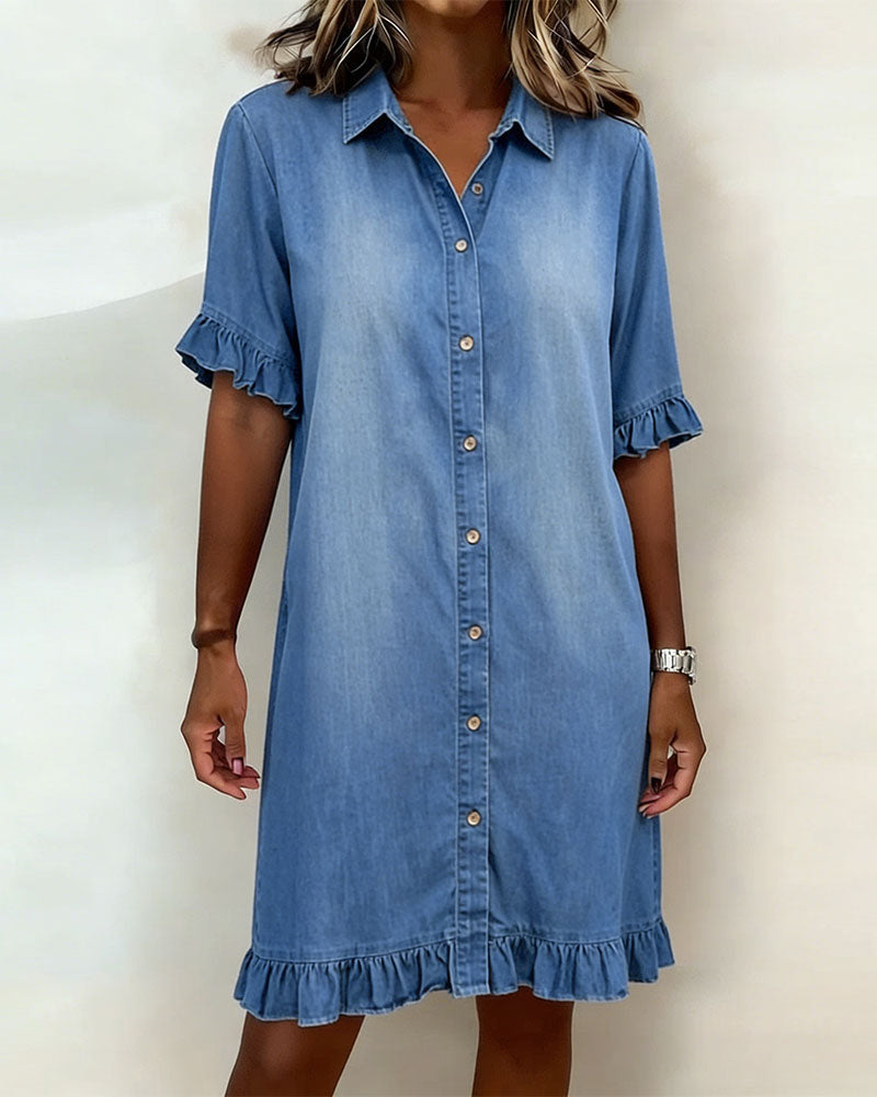 Tessa | Damen Denim Kleid Rüschendesign – Jeanskleid Rüschen Lässig 2026