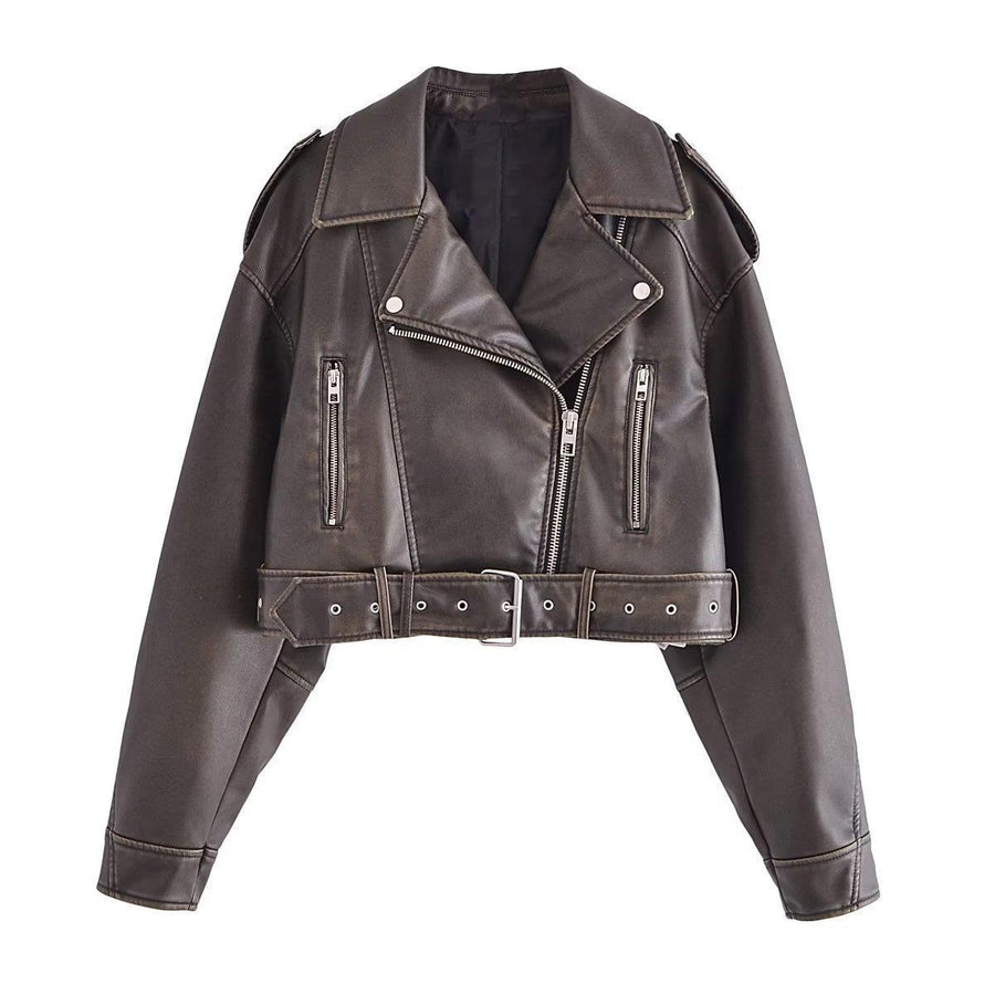 Heidi-Mode | Damen PU Motorradjacke mit Reißverschluss und Gürtel