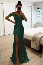 Heidi-Mode | Paillettenspitze Meerjungfrau Abschlussballkleider mit Schlitz Off-Shoulder Abendkleid