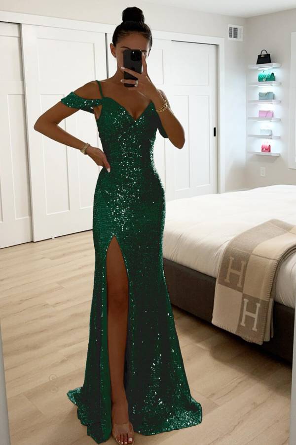 Heidi-Mode | Paillettenspitze Meerjungfrau Abschlussballkleider mit Schlitz Off-Shoulder Abendkleid