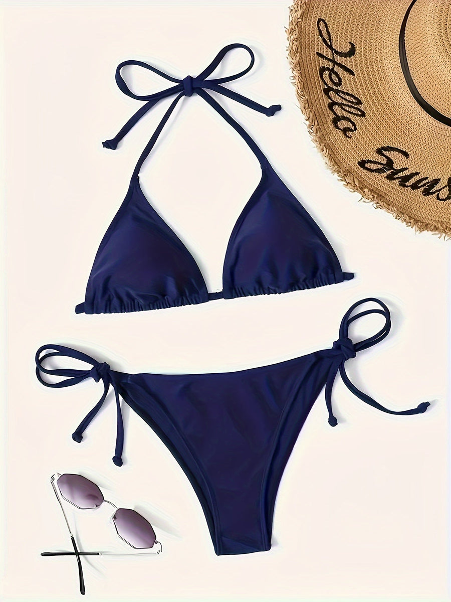 Heidi-Mode | Dunkelblaues Sexy Bikini Satz mit Halter V-Ausschnitt und Nacktem Rücken