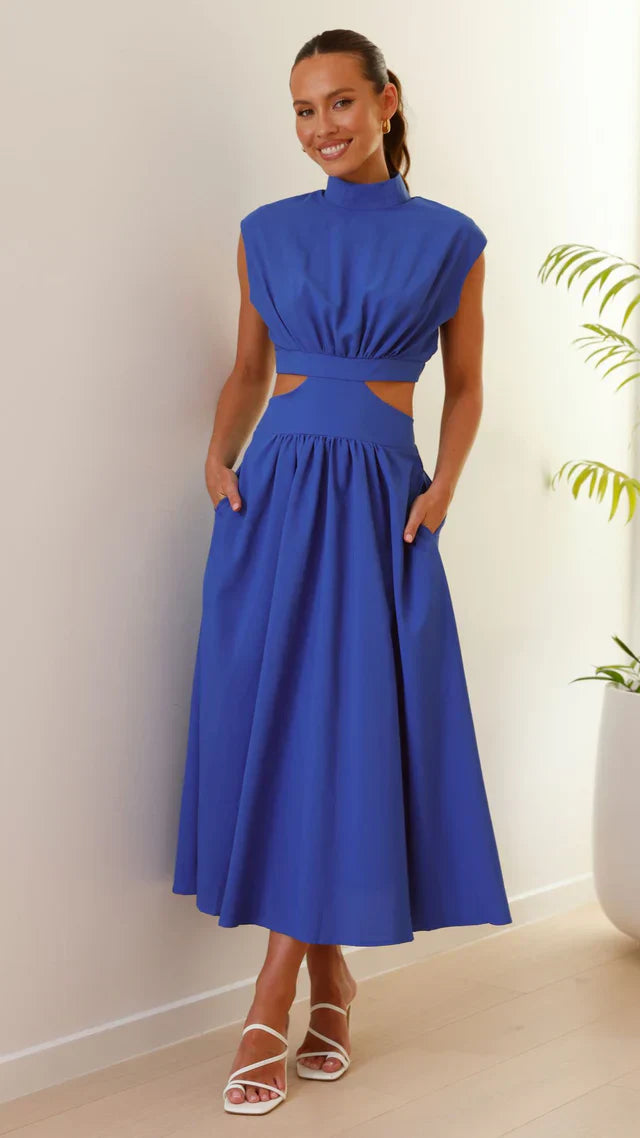 Elegantes schwarzes Midikleid mit Cut-Outs – Stehkragen & Plissee für stilvolle Auftritte