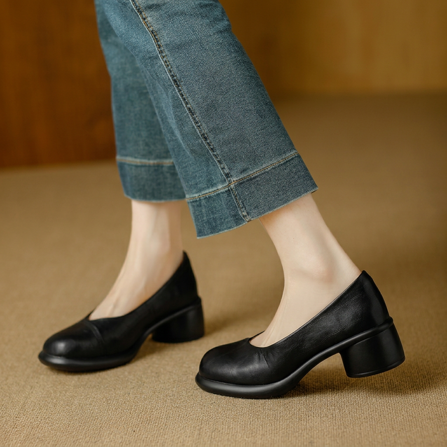 Damen Braune Leder Plateau Pumps Mit Blockabsatz – Stilvolle Heels