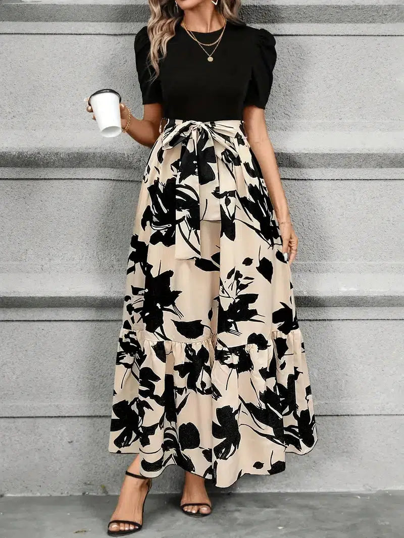 Elegantes Maxikleid Damen – A-Linie Sommerkleid mit Taillenschleife