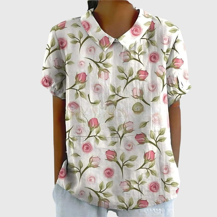 Elke | Damen Blumen Kragen Kurzarm Bluse