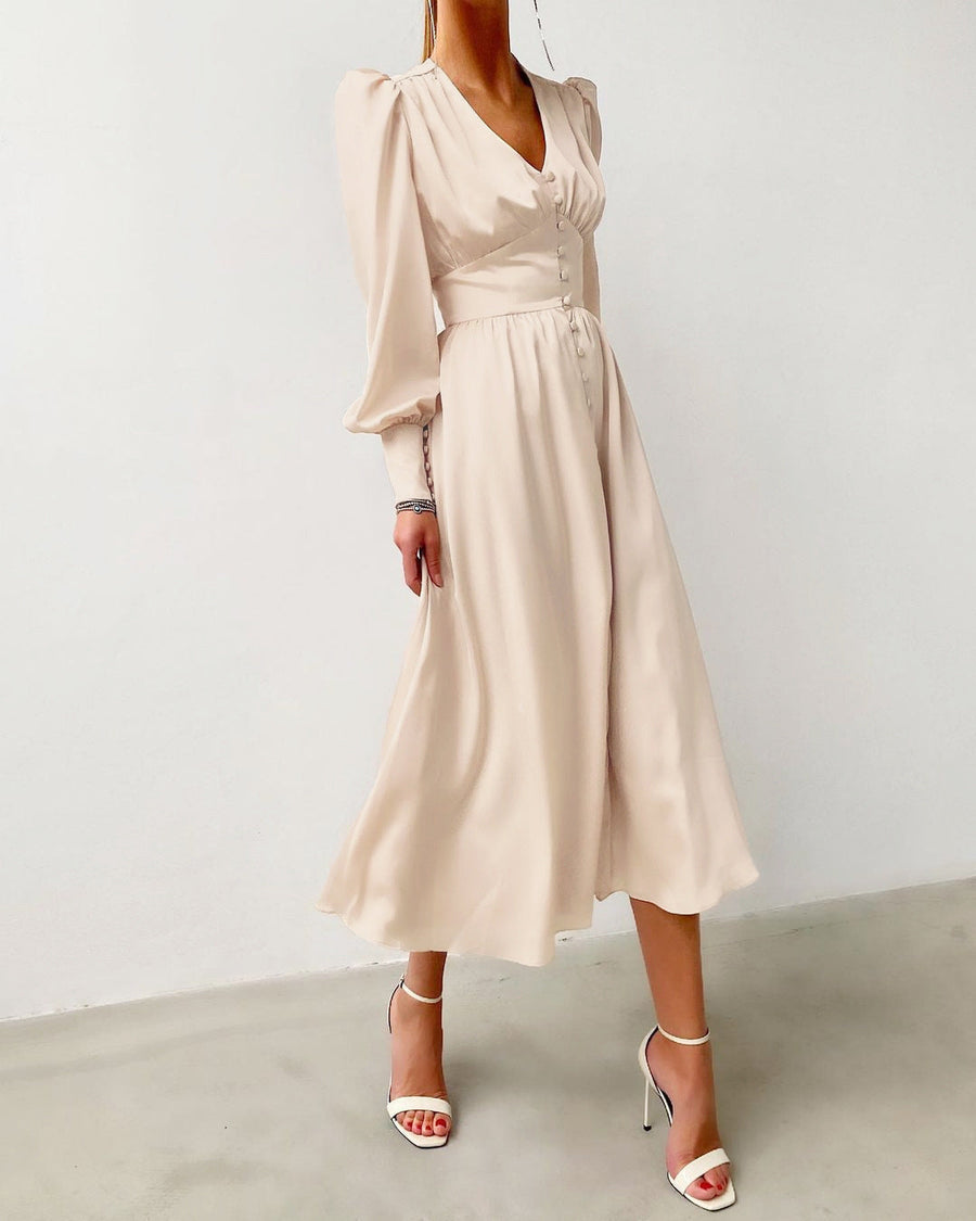 Tailliertes Satin-Kleid mit Ballonärmeln – Elegantes Abendkleid