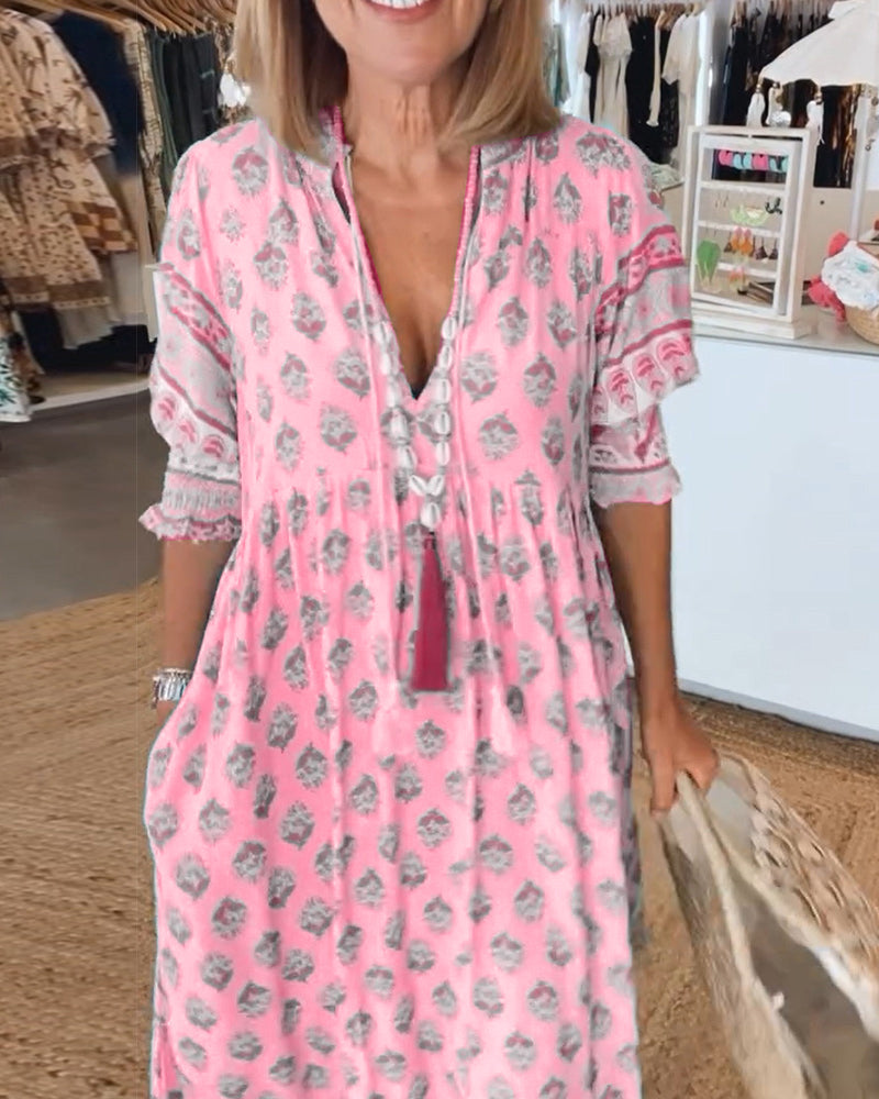 GIULIA | Gemustertes Midikleid mit V-Ausschnitt und eleganten Balloonärmeln