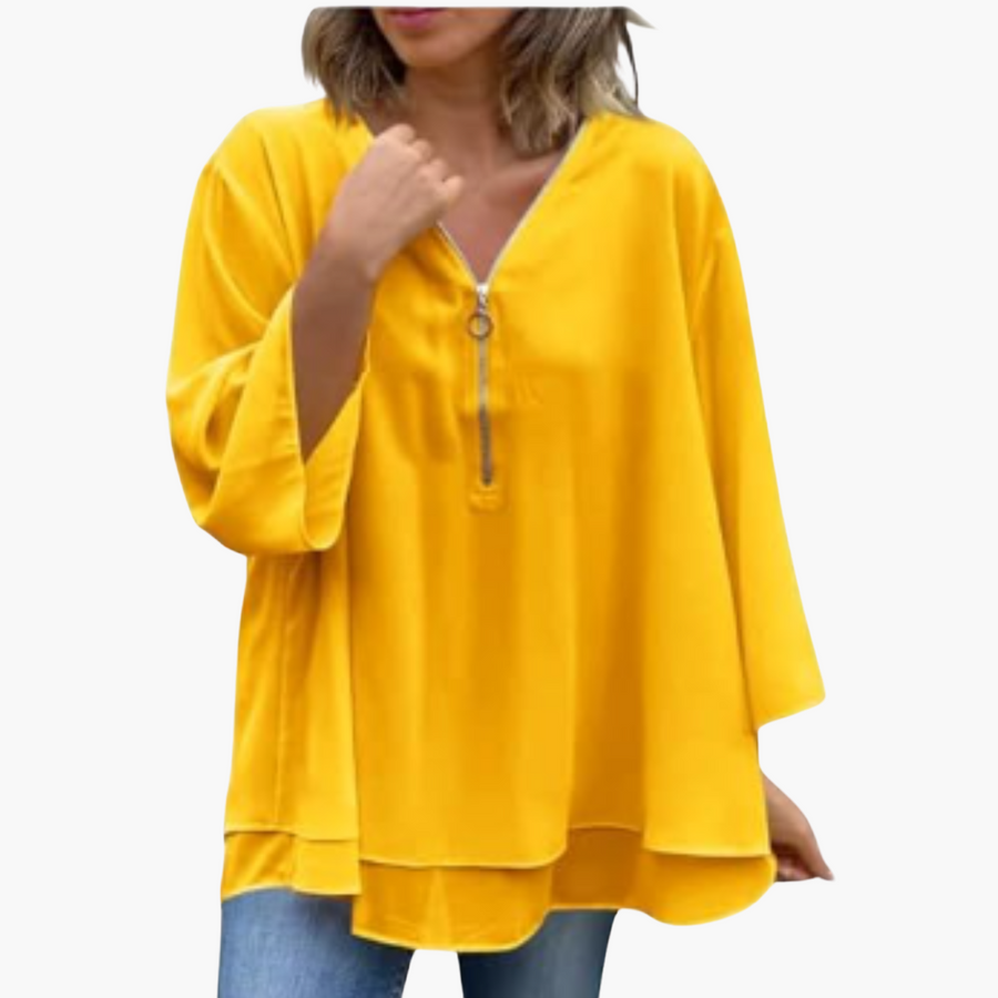 Halb-Zip Langarmshirt - Damen V-Ausschnitt Oberteil Casual