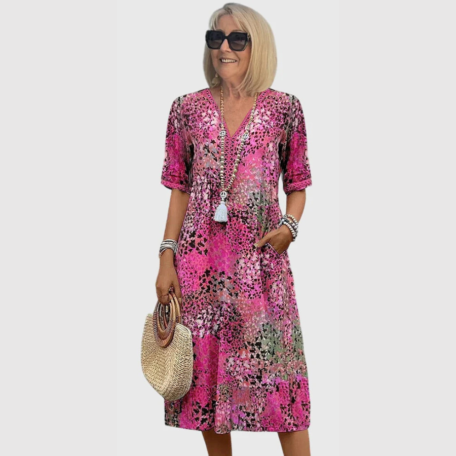 Maja | Damen Bedrucktes V-Ausschnitt Midi Kleid
