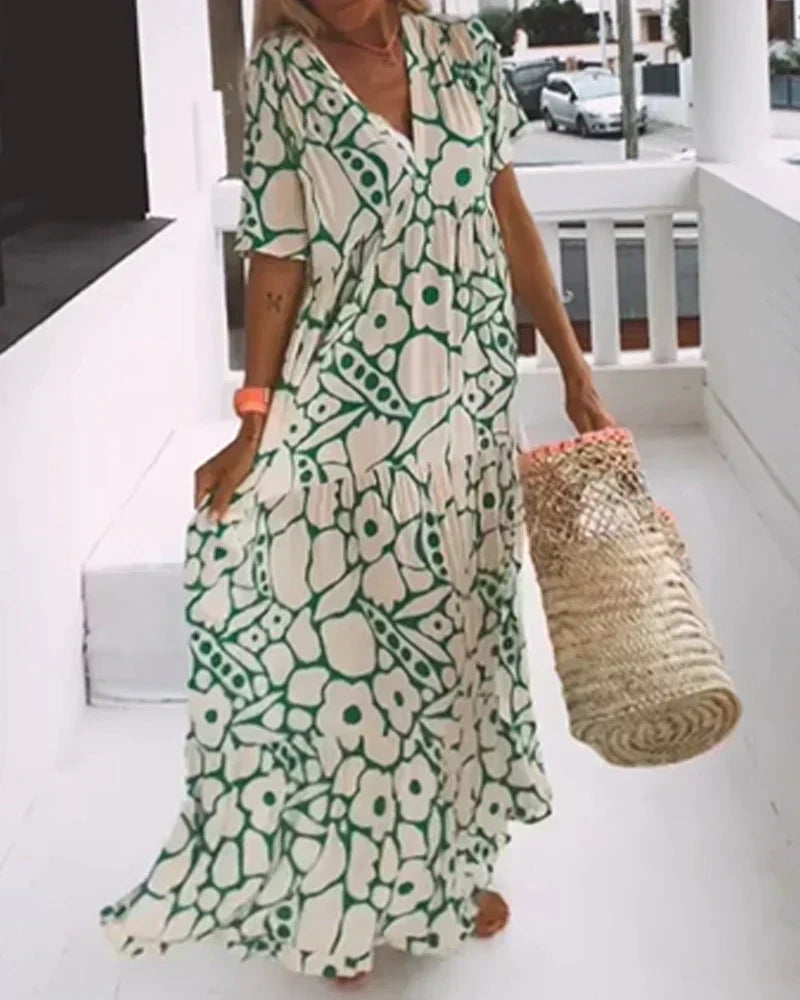 CHRISTINE | Langes Sommerkleid mit lockerem Schnitt und elegantem grafischem Muster